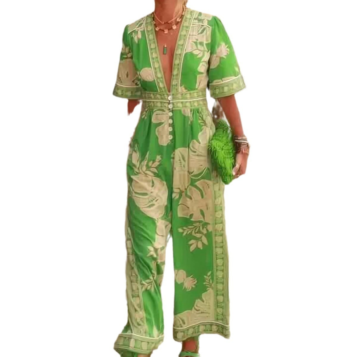 New Fashion Women's Clothing Printed Jumpsuit V-neck