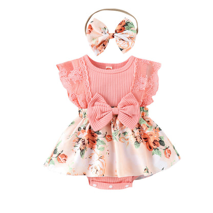 Baby Girl Cute Skirt Print Romper Headscarf