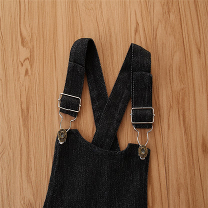 Girls' Short-sleeved Suit Puff Sleeve Black T-shirt Denim Suspender Skirt Fashionable