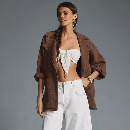 All-match Cardigan Lapel Long Sleeve Solid Color Top