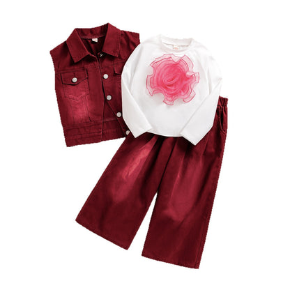 3D Floral Long-sleeved Top With Wide-leg Pants Fashion