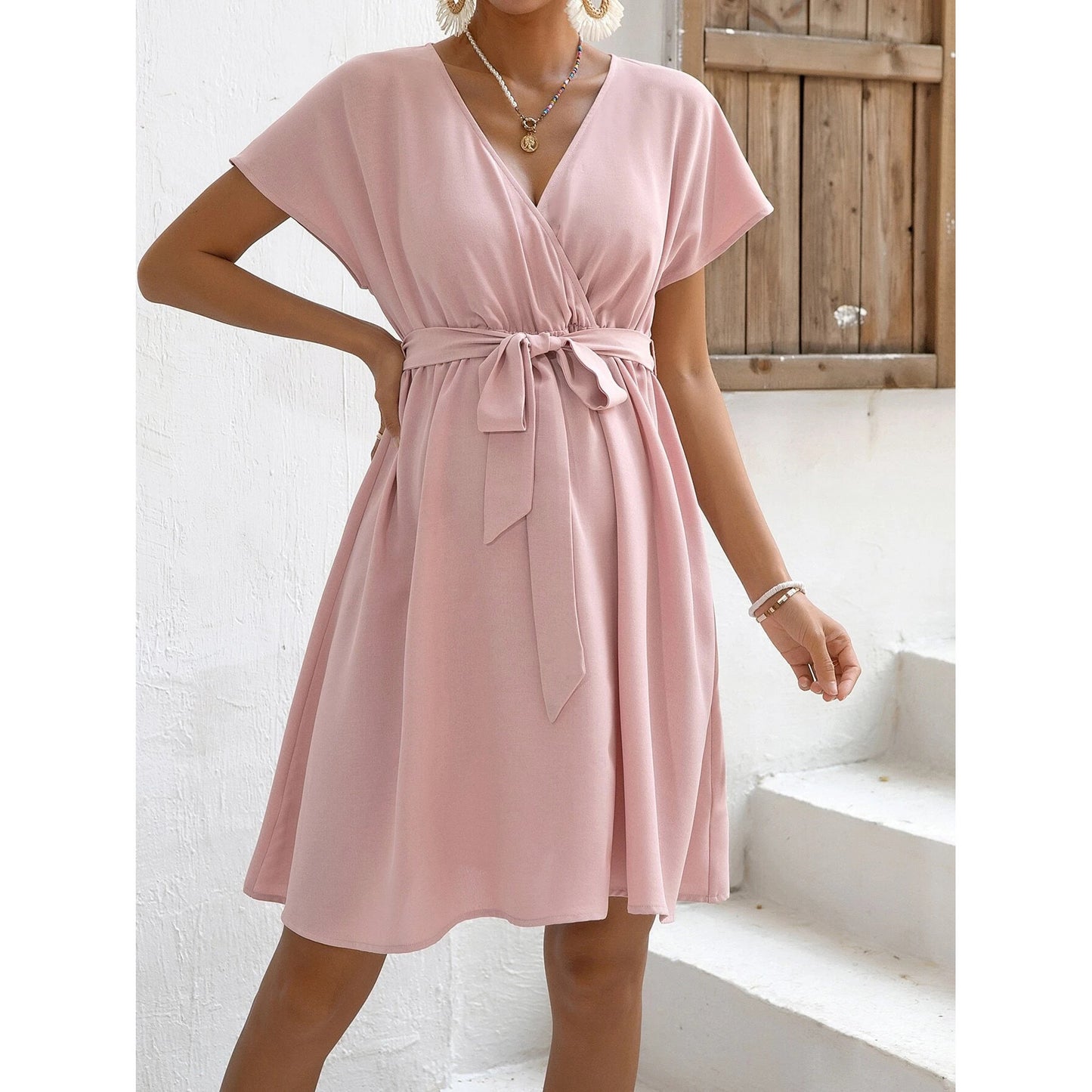 V-neck Batwing Sleeve Belt Decorative Casual And Comfortable Fashion Dress
