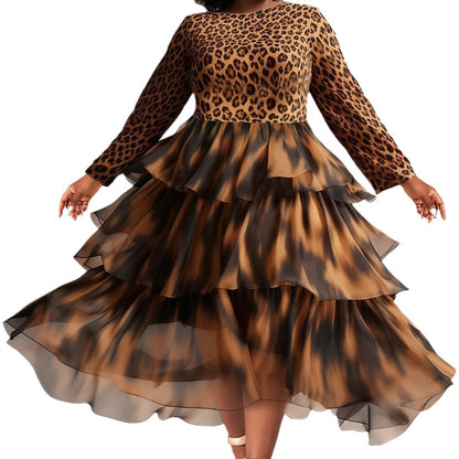 Elegant Leopard Print Cake Dress Plus Size Long Sleeve
