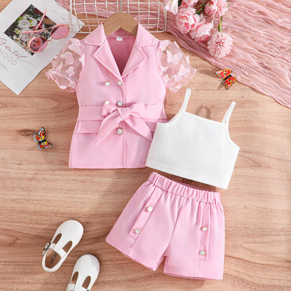 Girls' Suit Top Sling Romper Pants Three-piece Suit