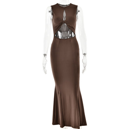 Spring Sexy Hot Girl Round Neck Sleeveless Stitched Backless Sheath Dress