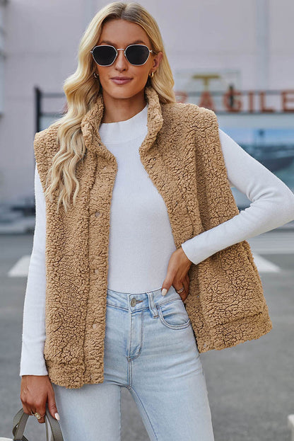 Autumn And Winter Solid Color Vest Women's European And American Leisure Style Button Pocket Warm Sleeveless Top