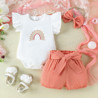 White Rainbow Embroidered Romper Shorts