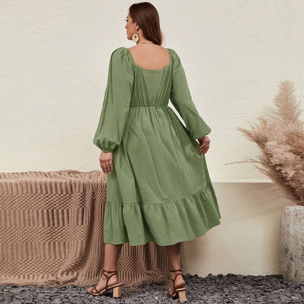 Waist-tight Large Skirt With Chicken Collar Puff Sleeve Pastoral Style Long Sleeve Dress