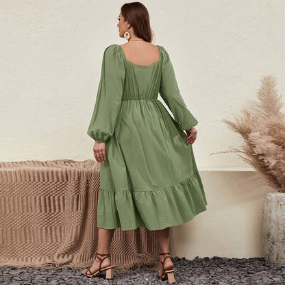 Waist-tight Large Skirt With Chicken Collar Puff Sleeve Pastoral Style Long Sleeve Dress