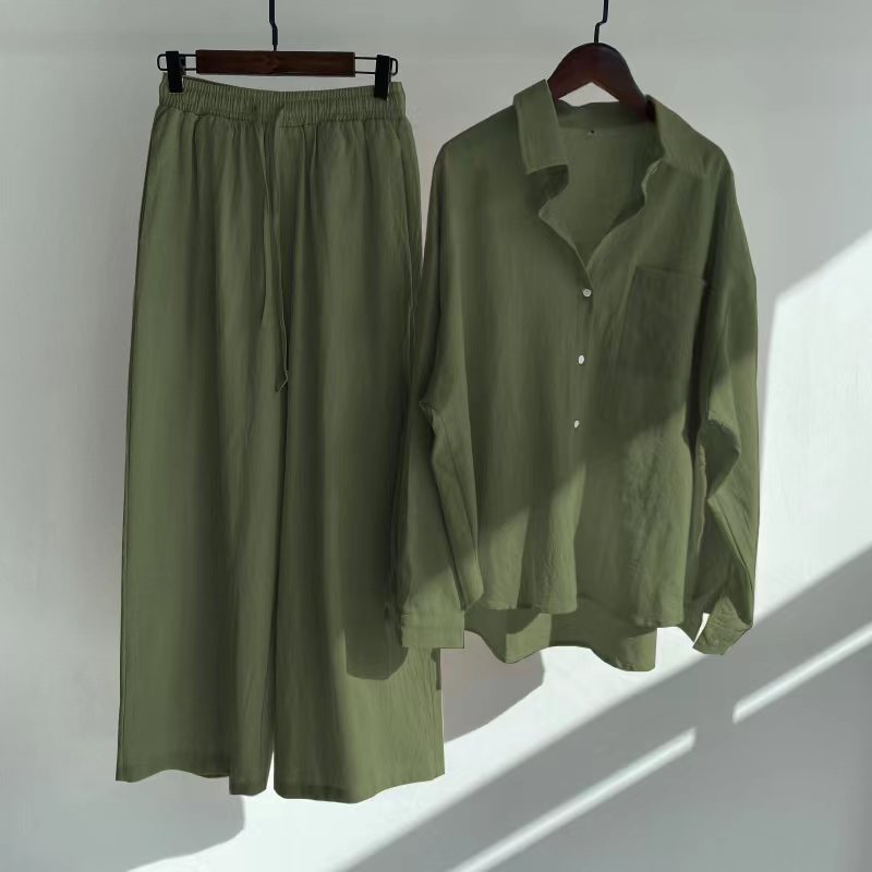 Women's 2-piece Retro Plus Size Cotton Linen Shirt Outfit High Waist Loose Trousers