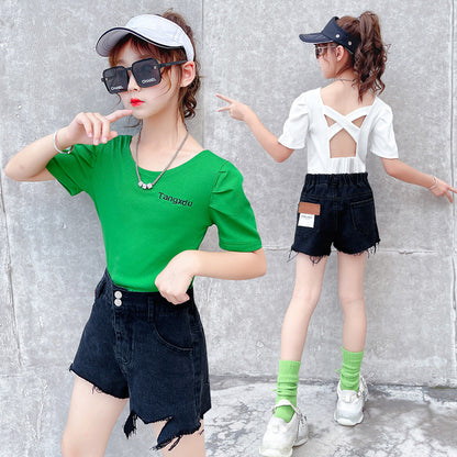 Girls Summer Personalized Back Hollow Short-sleeved Shorts Suit