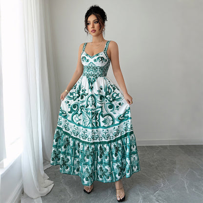 Green Printing Maxi Dress Women's Clothing