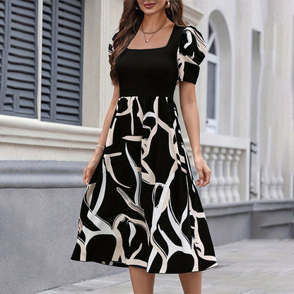 Commuting Knit Printed Stretch Square Neck Slim Short Sleeve Puff Sleeve Dress