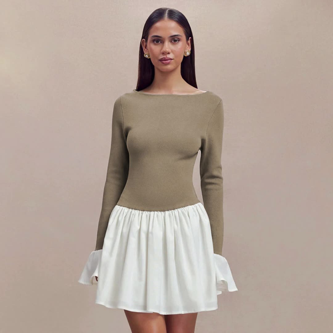 Fashion Color-block Round Neck Trumpet Sleeve Dress For Women