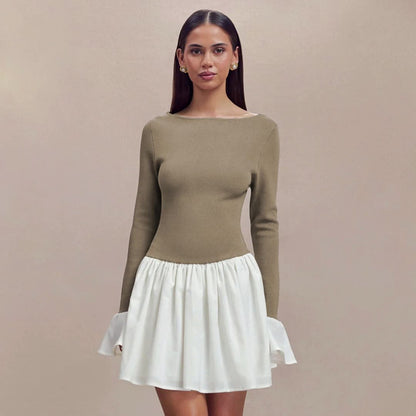 Fashion Color-block Round Neck Trumpet Sleeve Dress For Women