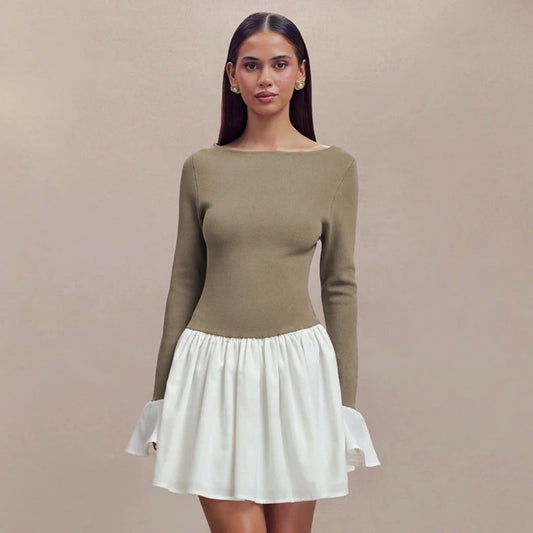 Fashion Color-block Round Neck Trumpet Sleeve Dress For Women