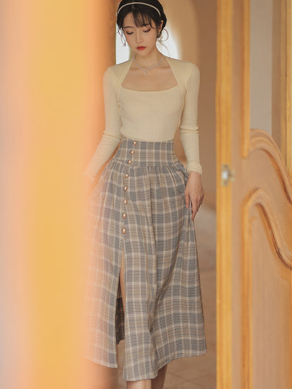 French Light Retro All-match Bottoming Shirt Temperament Plaid Skirt Suit