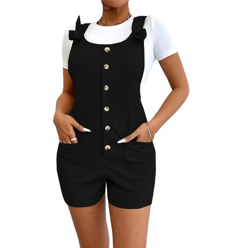 Women's Solid Color Strap Button Pocket Jumpsuit