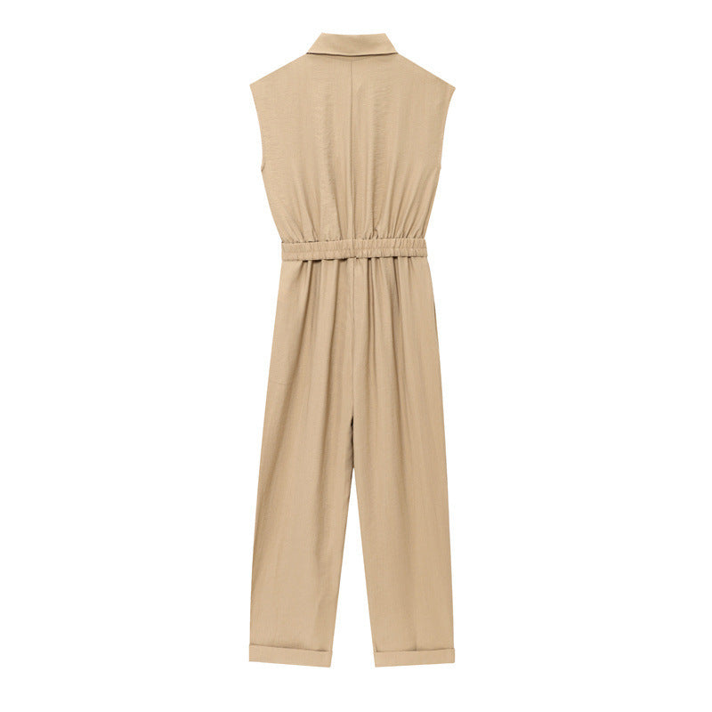 High-grade Solid Color Sleeveless Slim Temperament With Belt Jumpsuit