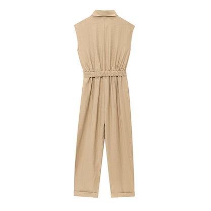 High-grade Solid Color Sleeveless Slim Temperament With Belt Jumpsuit