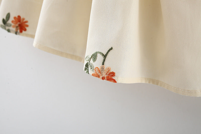 Full Body Embroidered Flowers Flounced Sleeve Cotton Dress