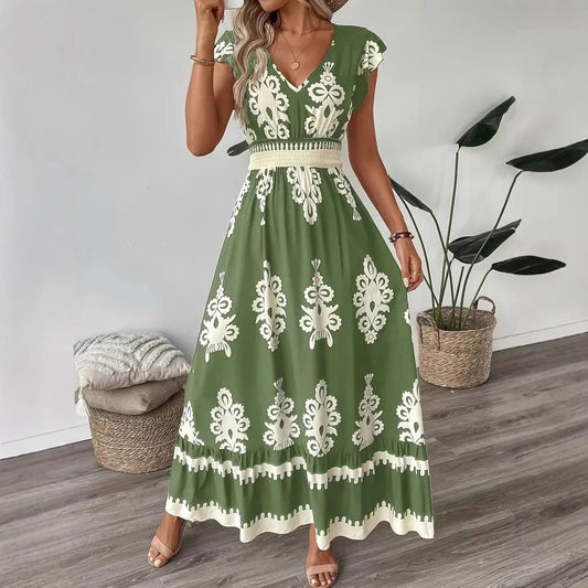 Vacation Style Printed V-neck Large Swing Dress