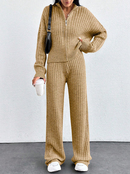 Autumn And Winter New European And American Women's Casual Loose Zip Top And Trousers Two-piece Set