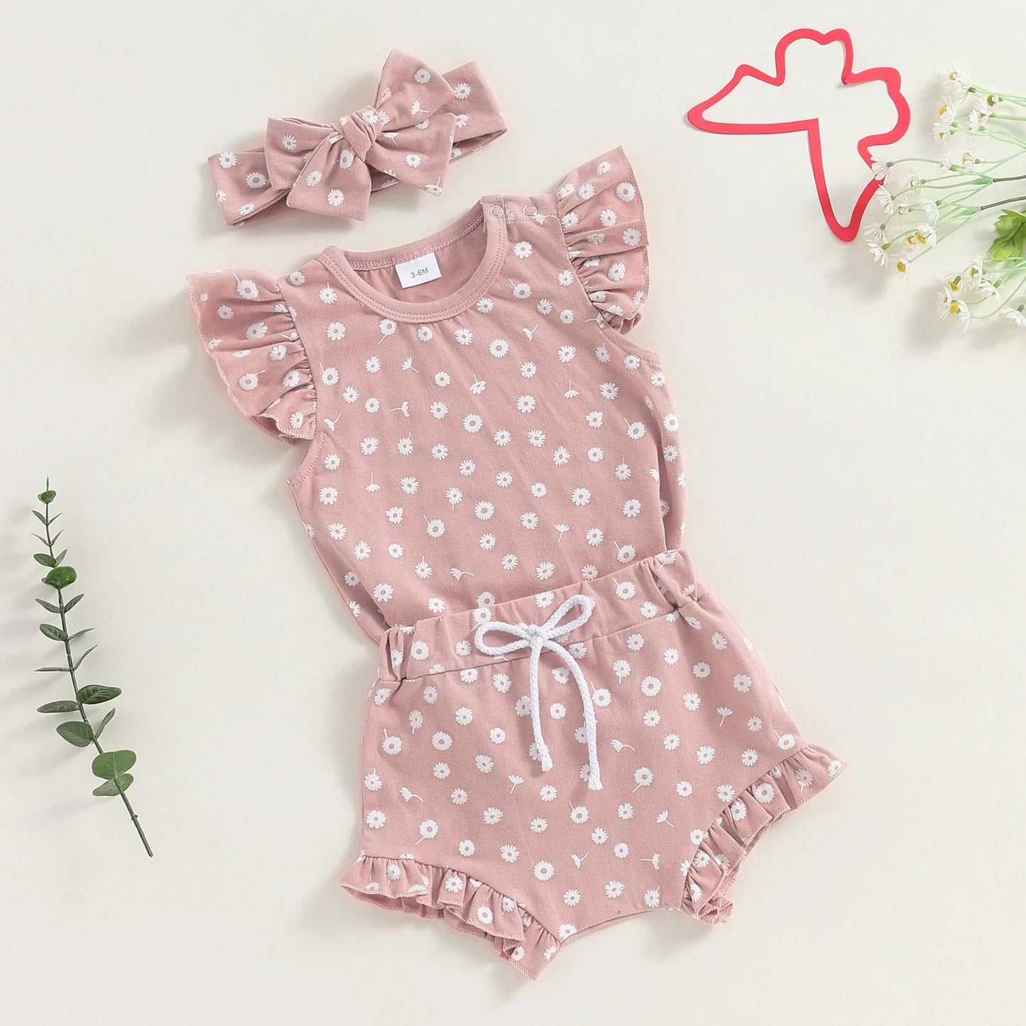 Boys And Girls Fashion Floral Flying Sleeves Romper Suit