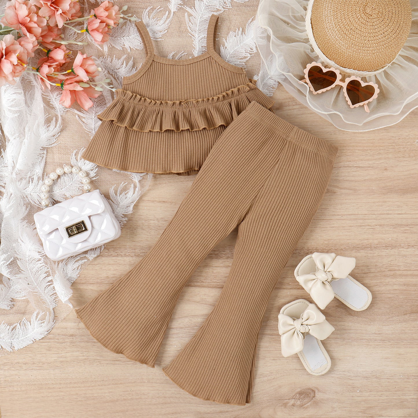 Children's Clothing Springsummer Young And Little Girls Sling Lace-collared Blouse Horn Sunken Stripe Trousers Two-piece Suit