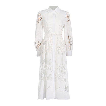 Lapel Long Lantern Sleeve Mid-length With Embroidery Dress