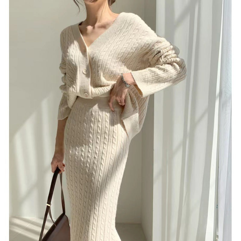V-neck Hemp Pattern Knitted Cardigan Sweater High Waist Sheath Skirt
