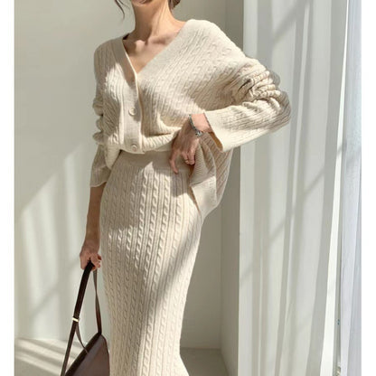 V-neck Hemp Pattern Knitted Cardigan Sweater High Waist Sheath Skirt