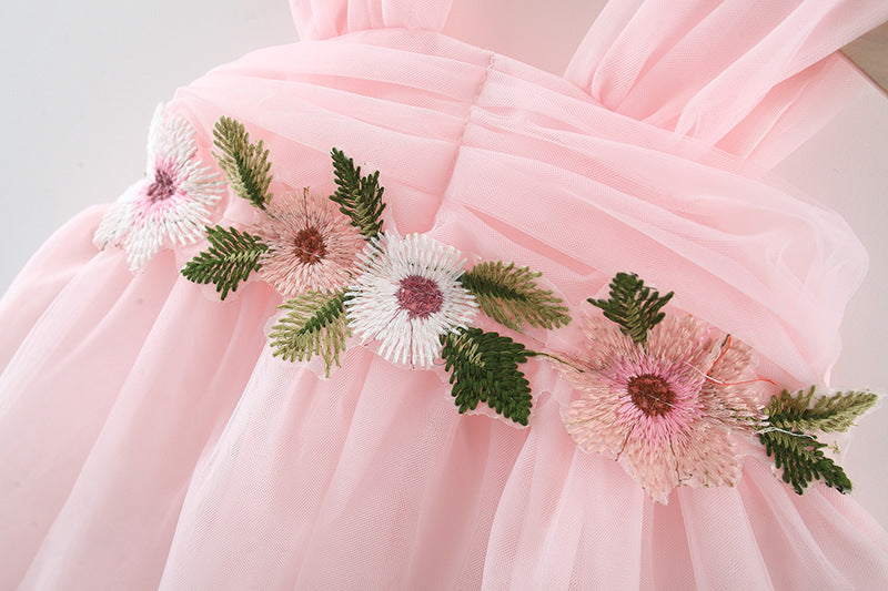 Girl's Mesh Strap Dress Waist Flower Princess Beautiful Dress