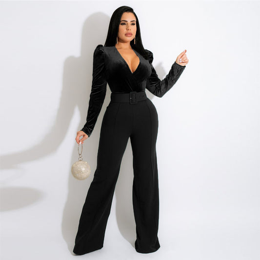 V-neck Solid Color Lace-up Fashion Women's Jumpsuit