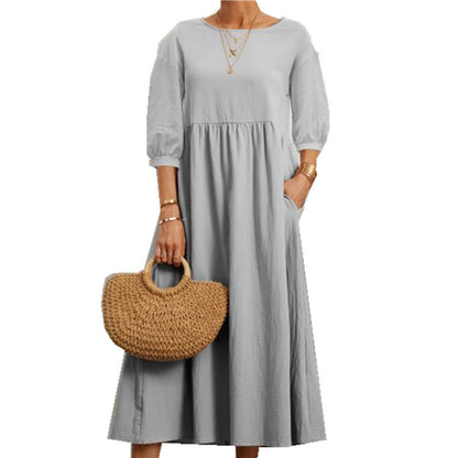 Lantern Sleeve Loose Cotton And Linen Pocket Dress