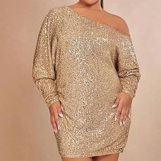 Spring Short Sleeve Loose Pullover Sequined Shirt Dress Off-shoulder Long Dress