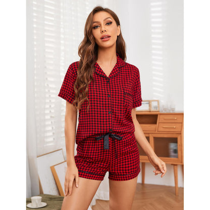 Pajamas Women's Summer Plaid Shirt Short Sleeve Shorts Suit