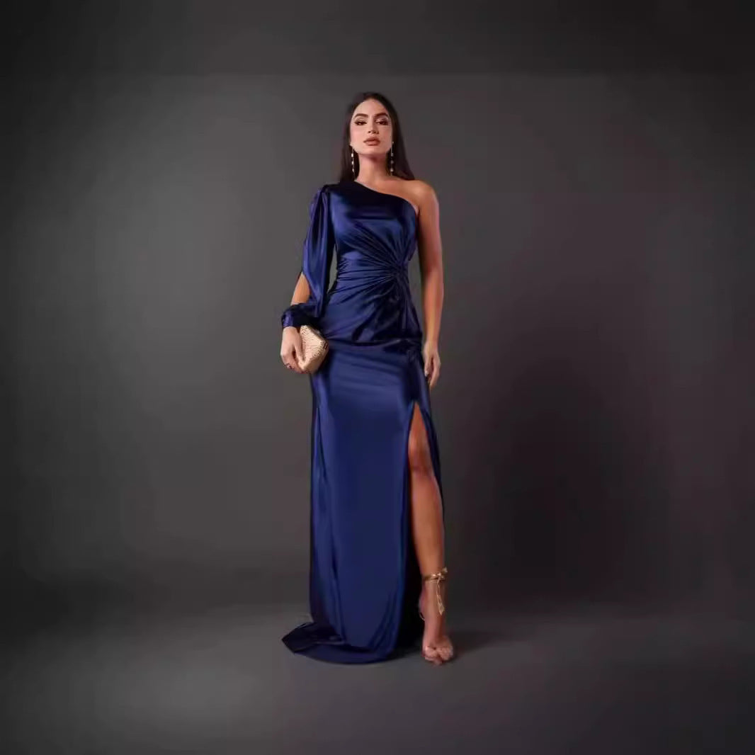 Women's Diagonal Collar Raglan Sleeve Pleated Waist Tight Split Sexy Long Dress