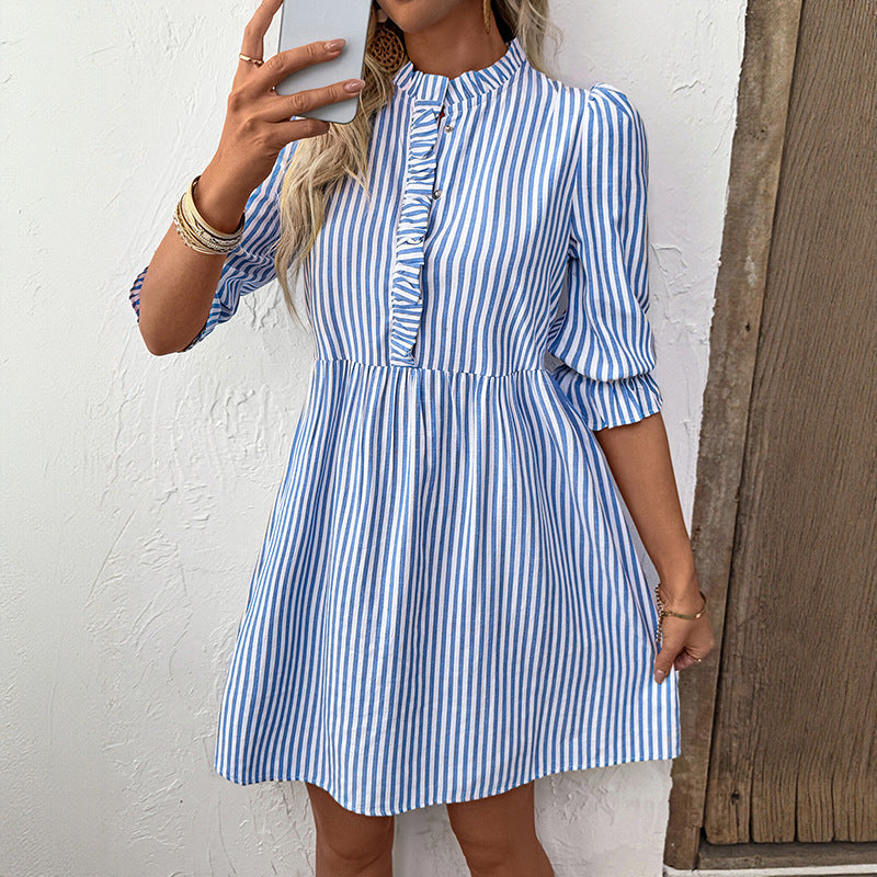 Puff Sleeve Stand Collar Striped Dress Summer