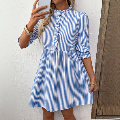 Puff Sleeve Stand Collar Striped Dress Summer