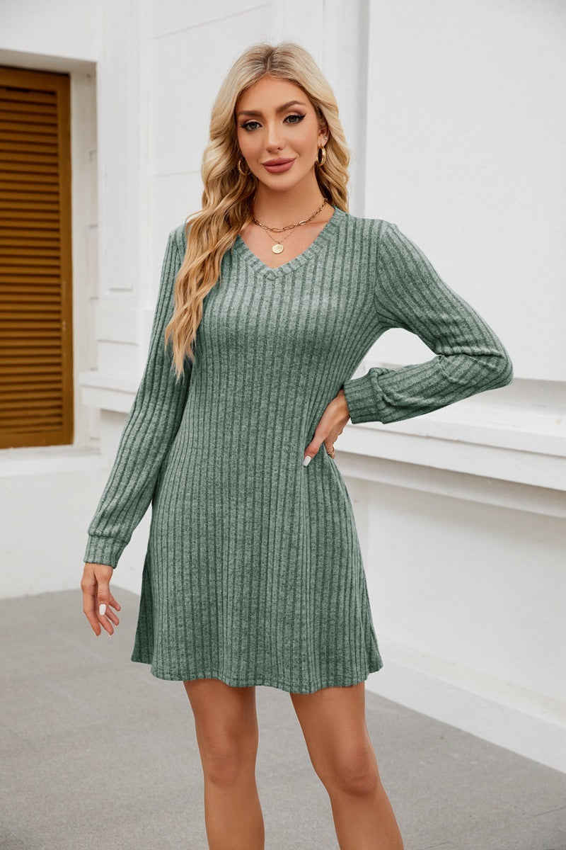 V-neck Pocket Sunken Stripe Brushed Long Sleeve Leisure Dress