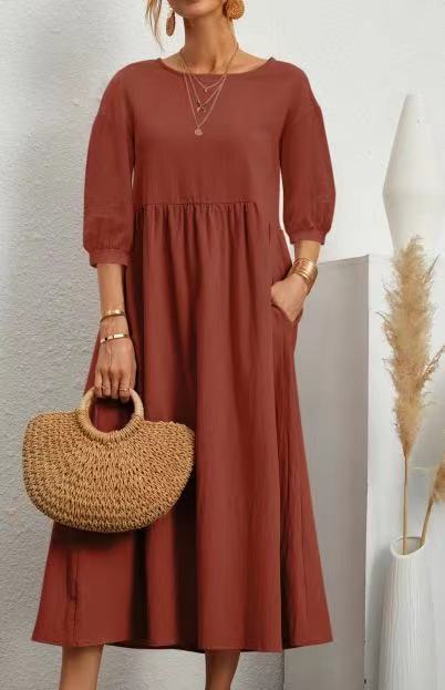 Lantern Sleeve Loose Cotton And Linen Pocket Dress