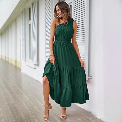New Women's Solid Color Long Dress Knot One Shoulder Sleeveless Pleated