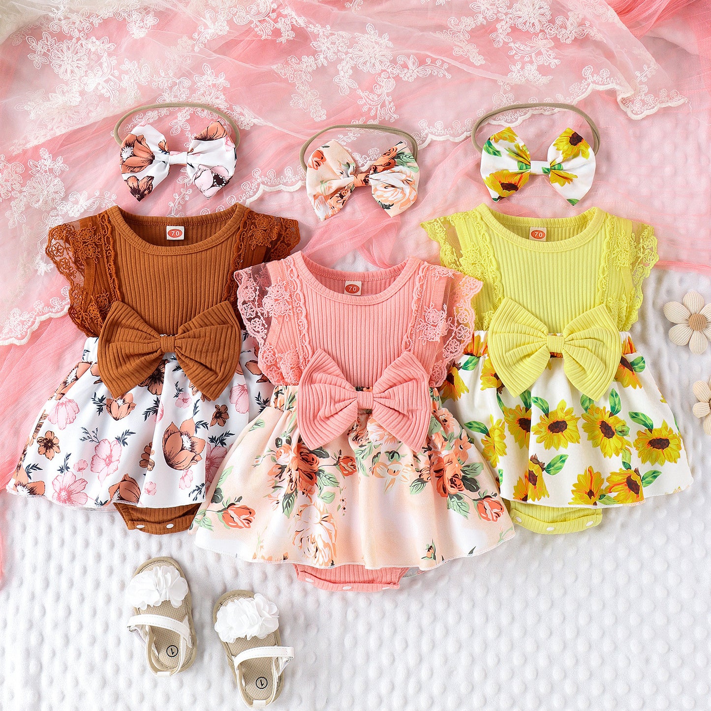 Baby Girl Cute Skirt Print Romper Headscarf