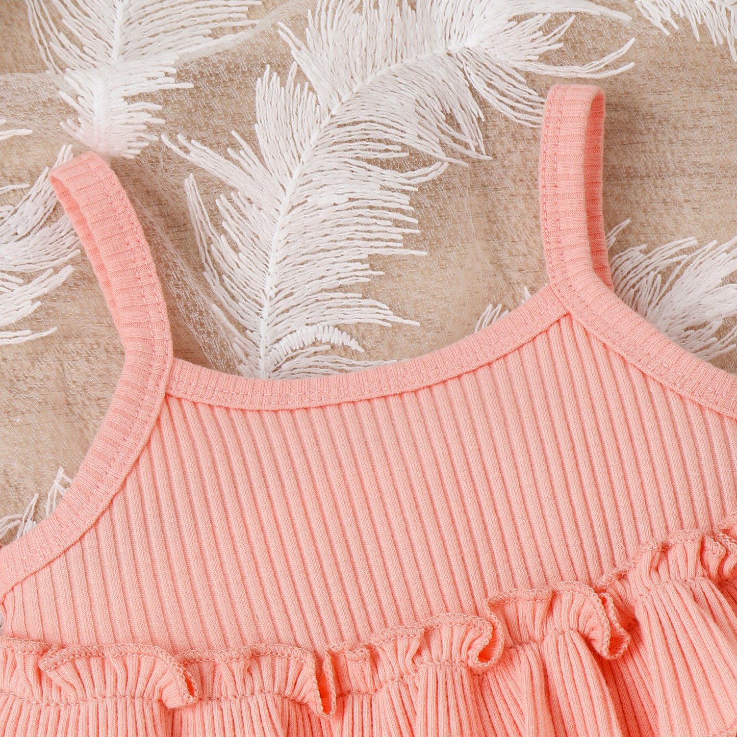 Children's Clothing Springsummer Young And Little Girls Sling Lace-collared Blouse Horn Sunken Stripe Trousers Two-piece Suit