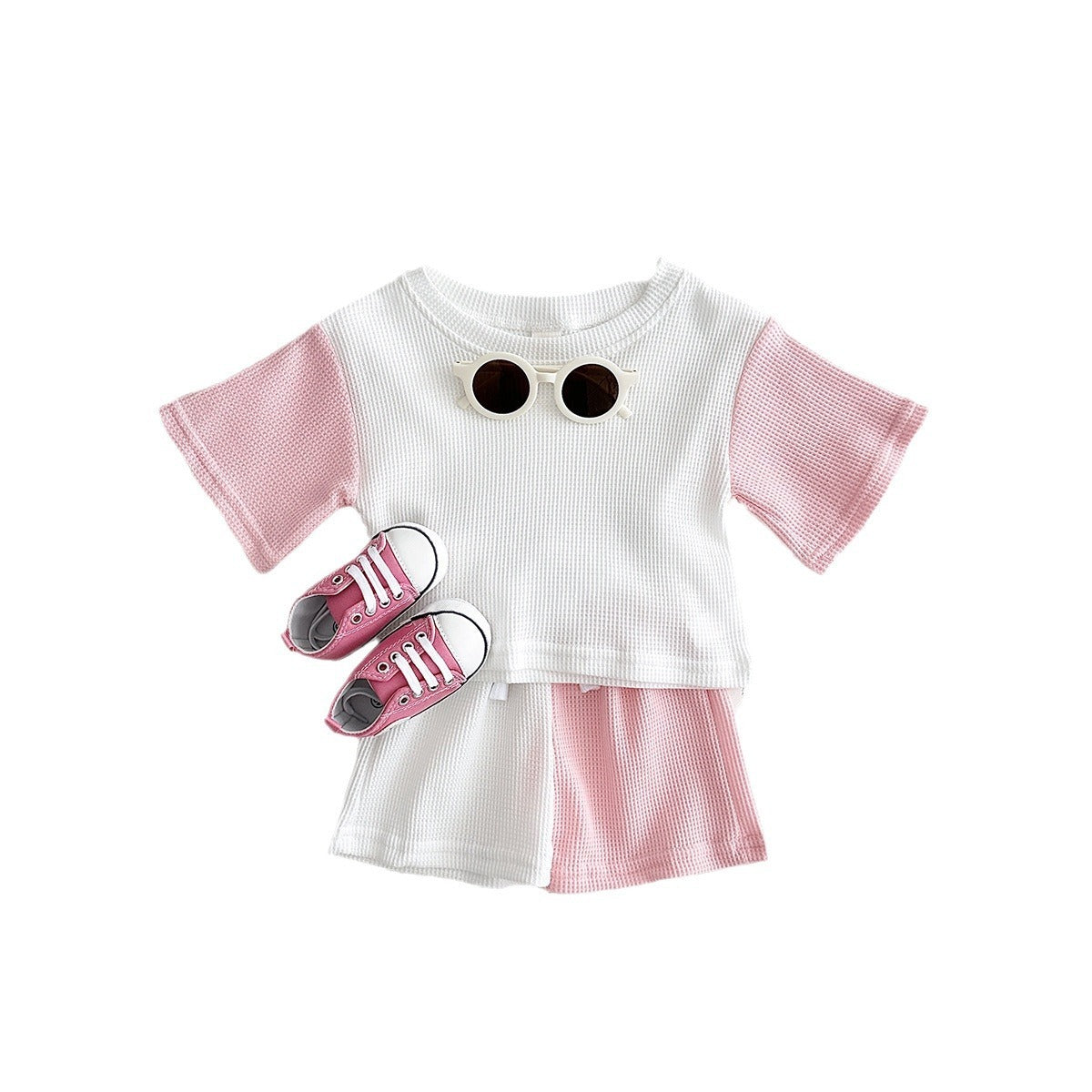 Waffle Stitching Short Sleeve Suit Korean Children Baby Two-piece Suit