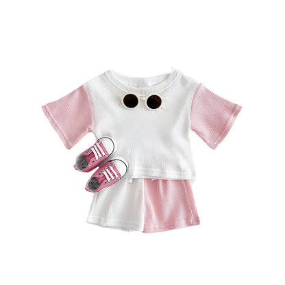 Waffle Stitching Short Sleeve Suit Korean Children Baby Two-piece Suit