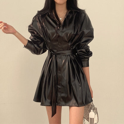 Early Spring French Style Retro Lapels Single-breasted Lace Up Waist-controlled Slimming Long Sleeve Leather Coat Dress