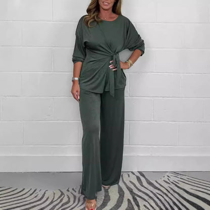 Amazon Europe And America Cross Border 2024 Fall Women's Clothing Solid Color Casual Fashion Lace-up Long Sleeve Top And Trousers Suit