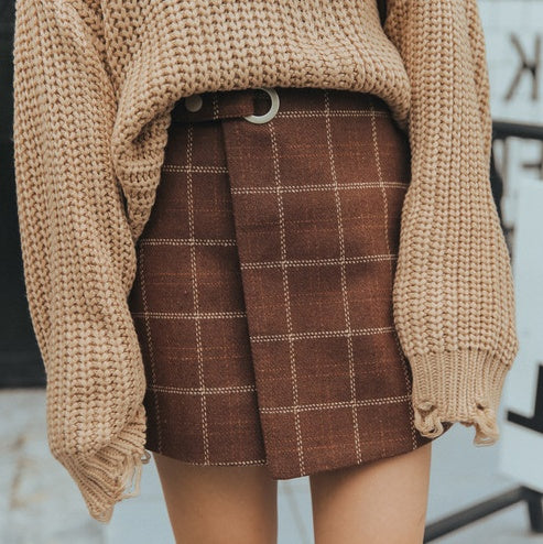 Autumn and winter thickening bag hip hair plaid skirt retro skirt Korean version of the high waist A word skirt